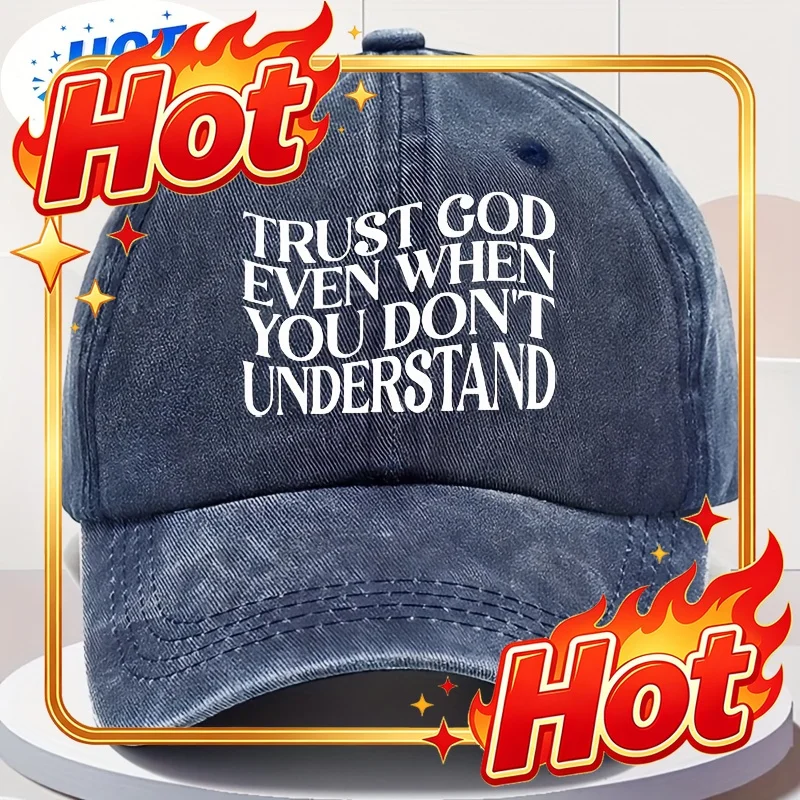 Custom Hat Retro Faded Blue Featuring White Lettering That Says 'Trust God' - Snapback Style, Perfect For Outdoor Activities, Ca