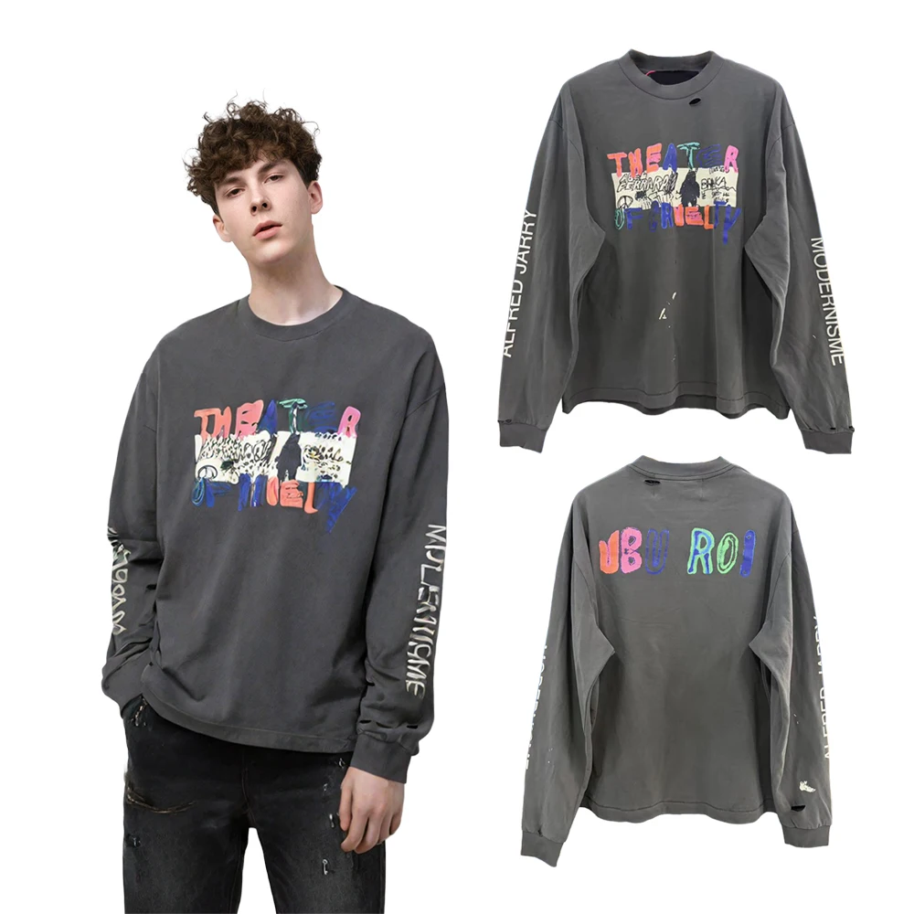 Y2k Streetwear Retro Hand Drawn Graphic T Shirts Hiphop Street Style Cotton Distressed Print Ripped Hole Casual Full Sleeve Tees
