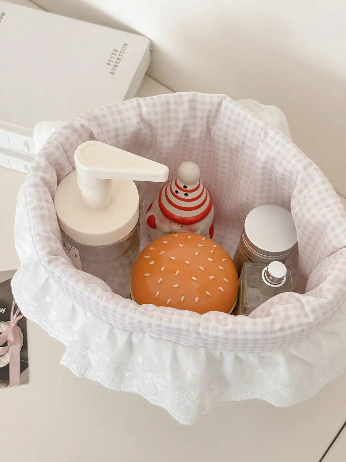 Gepunkteter Rüschen-Aufbewahrungskorb in Süßem Rosa, Desktop-Organizer für Snacks, Kleiner Handgefertigter Organizer-Korb – Detail 2