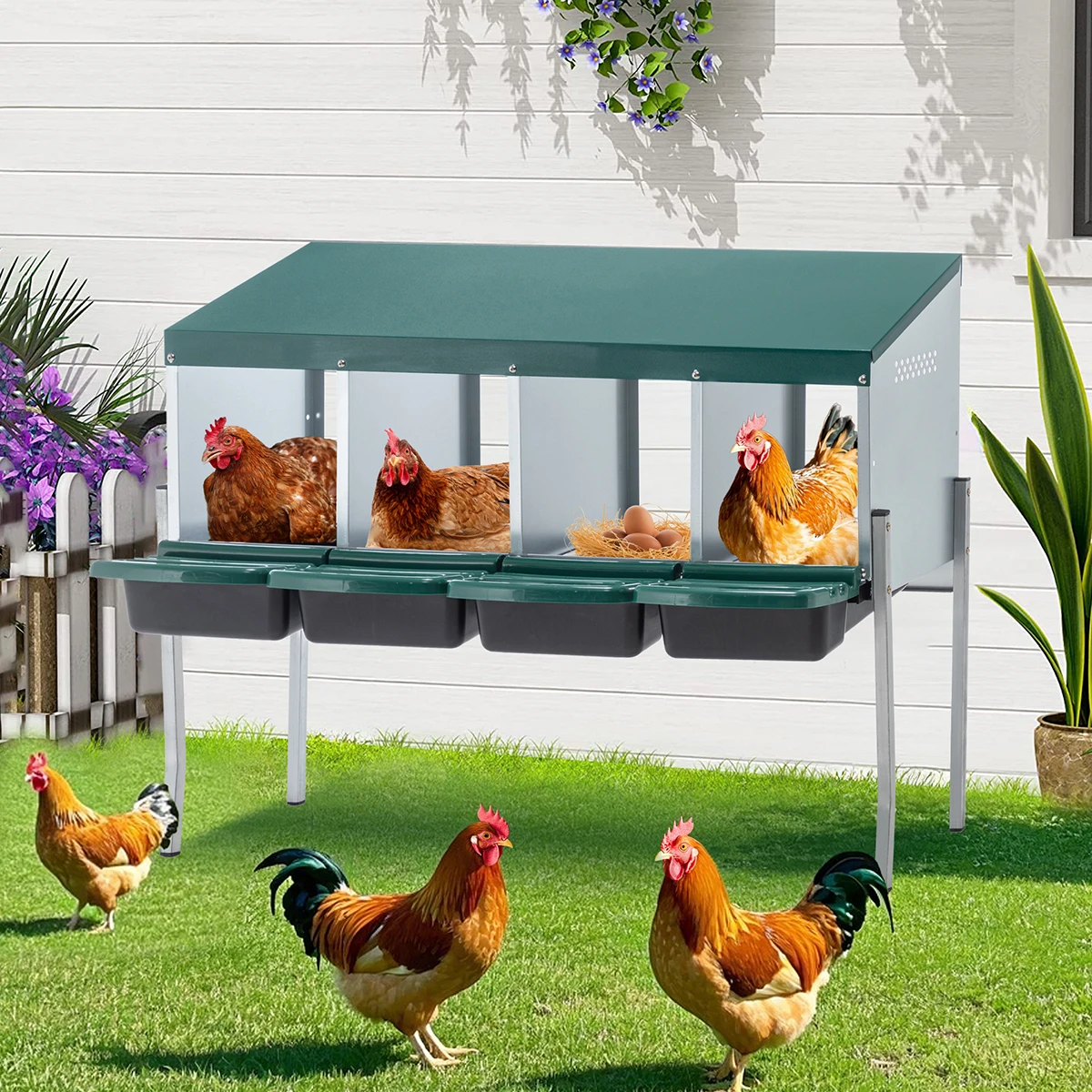 

Chicken Nest Box 4 Compartment Metal Poultry Nest Box Standing Venting Nesting Boxes Large Vented Holes Chicken Coop Equipment