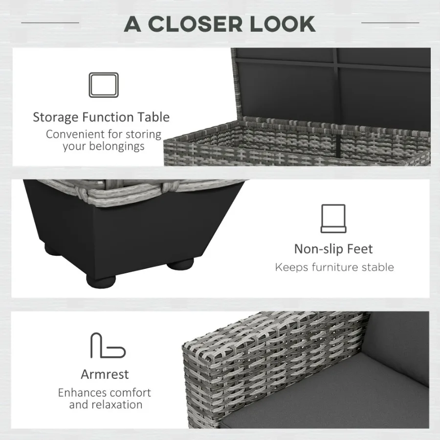 Juego de muebles de jardín de mimbre de 5 piezas, seccional de ratán PE gris para exteriores con cojines acolchados gruesos y almacenamiento