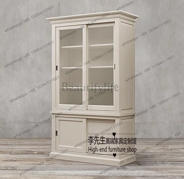 French ivory white old sliding door dining side cabinet oak glazed sliding door bookcase