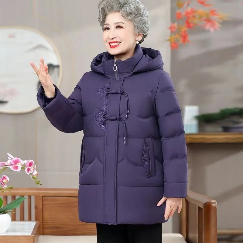 

Embroidery Warm Winter Clothes Women's Coat Middle-Aged Elderly Hooded Mid-Length Add Fleece Thicken Ladies Cotton Outerwear