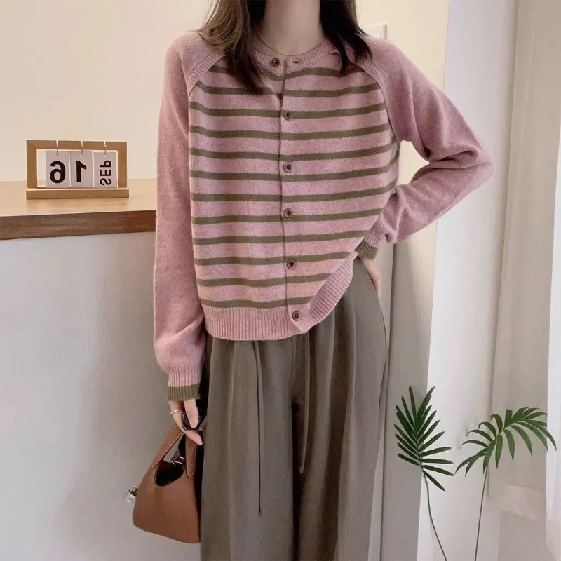 

Contrasting Colors Striped Cardigan Autumn Winter Casual Spliced Female Clothing Basic Commute Single-breasted Knitted Sweaters