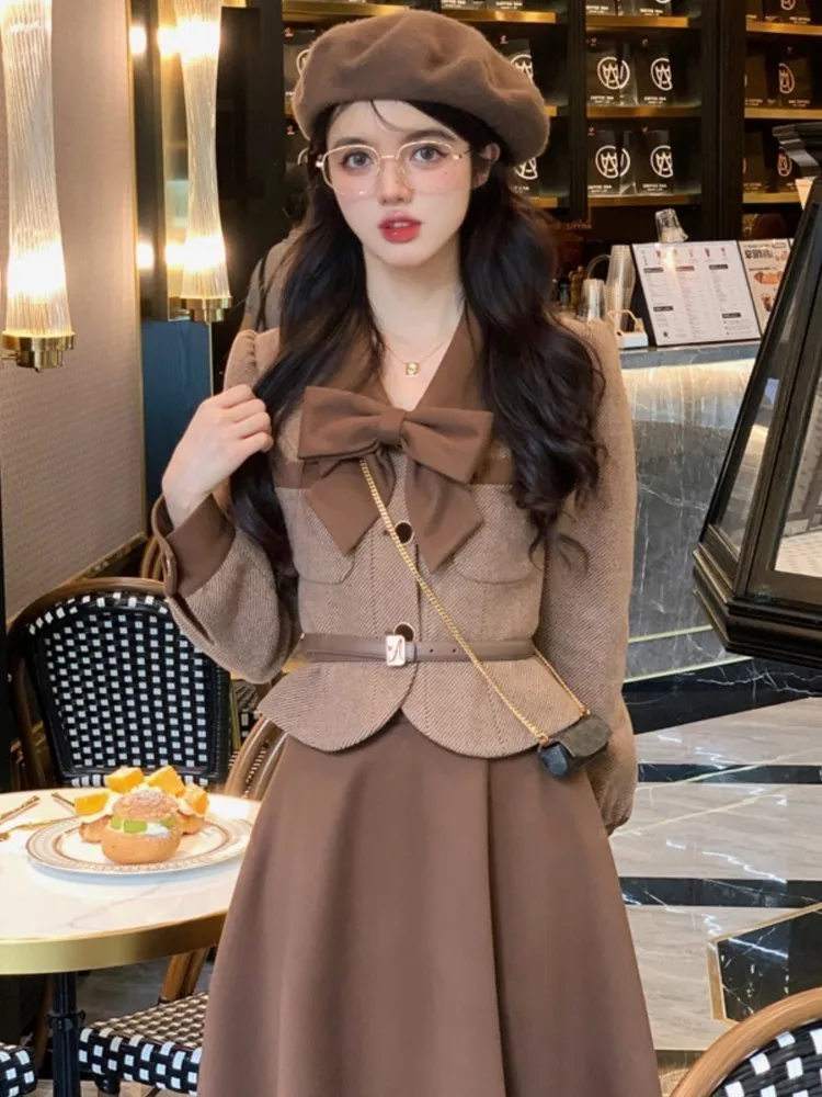 Autumn French Style Multicolor Women Suits 2023 Eleagnt Bow Short Coat High Waist A-line Mid Skirt Fashion Vintage 2 Pieces Set