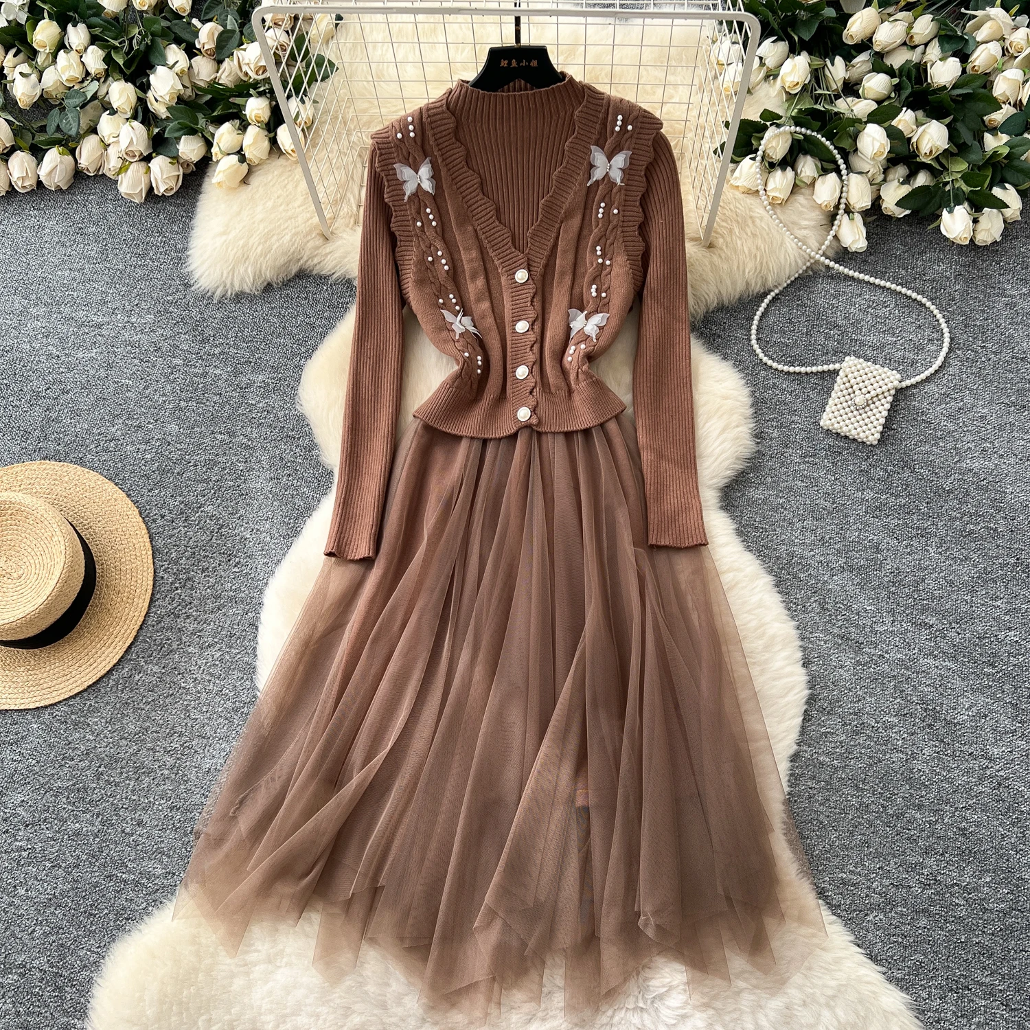 Chic vintage lavorato a maglia a maniche lunghe pieghettato Elegante fata moda coreana Boho Sundress abbigliamento donna Abito lungo