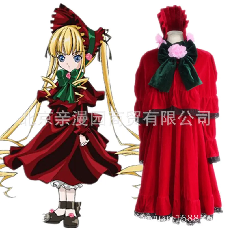 

Rozen Maiden Shinku Cosplay Costume Reiner Rubin Rose Red Classical Lolita Dress With Hat Halloween Party Outfits