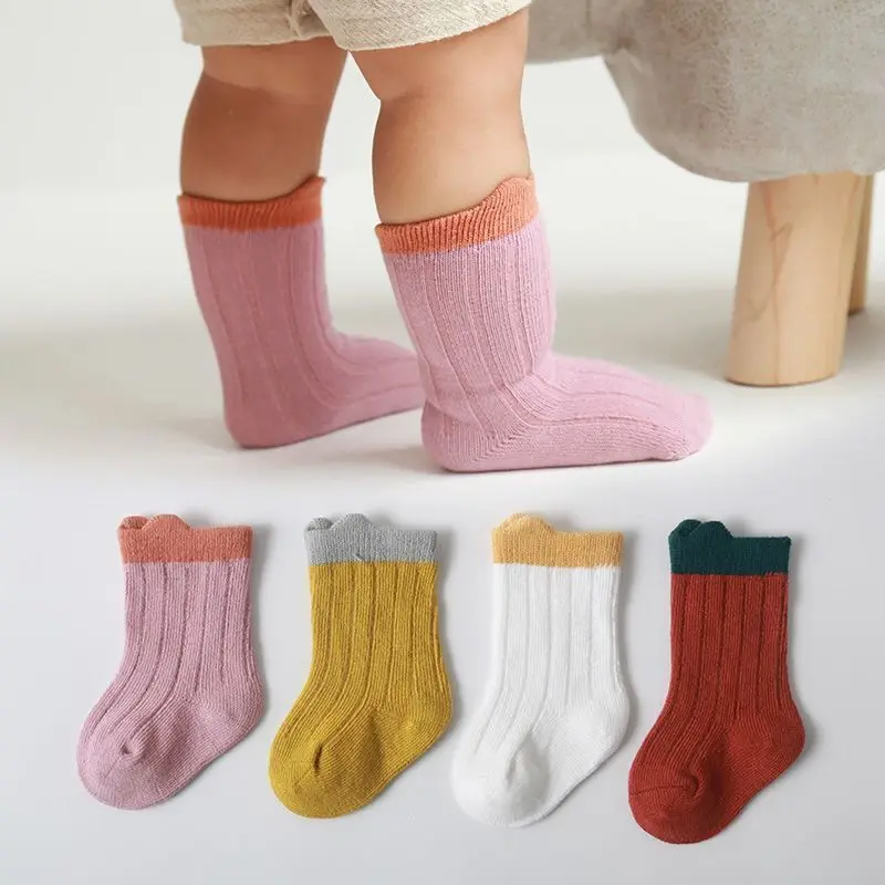 5 Pairs/lot 0-3Y Baby Socks Spring Autumn Pure Cotton Breathable Anti Slip Kids Sock Middle Tube Contrast Color Kitten Socks