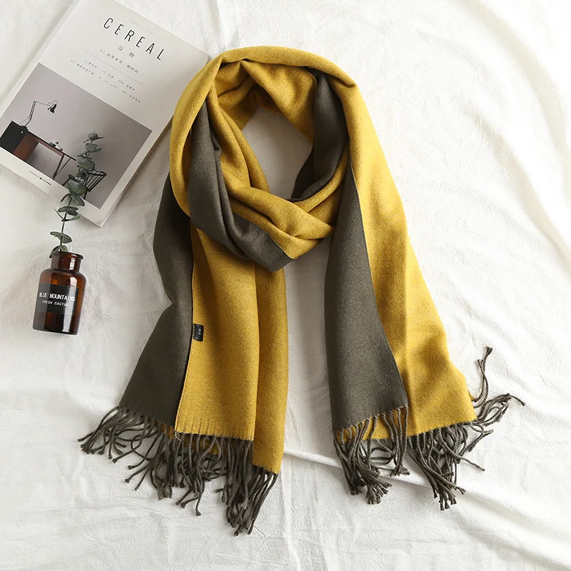 New Cashmere-like Solid Color Scarf Double-Sided Two-Color Tassel Wild Scarf Autumn and Winter Thickening Shawl 20 Colors