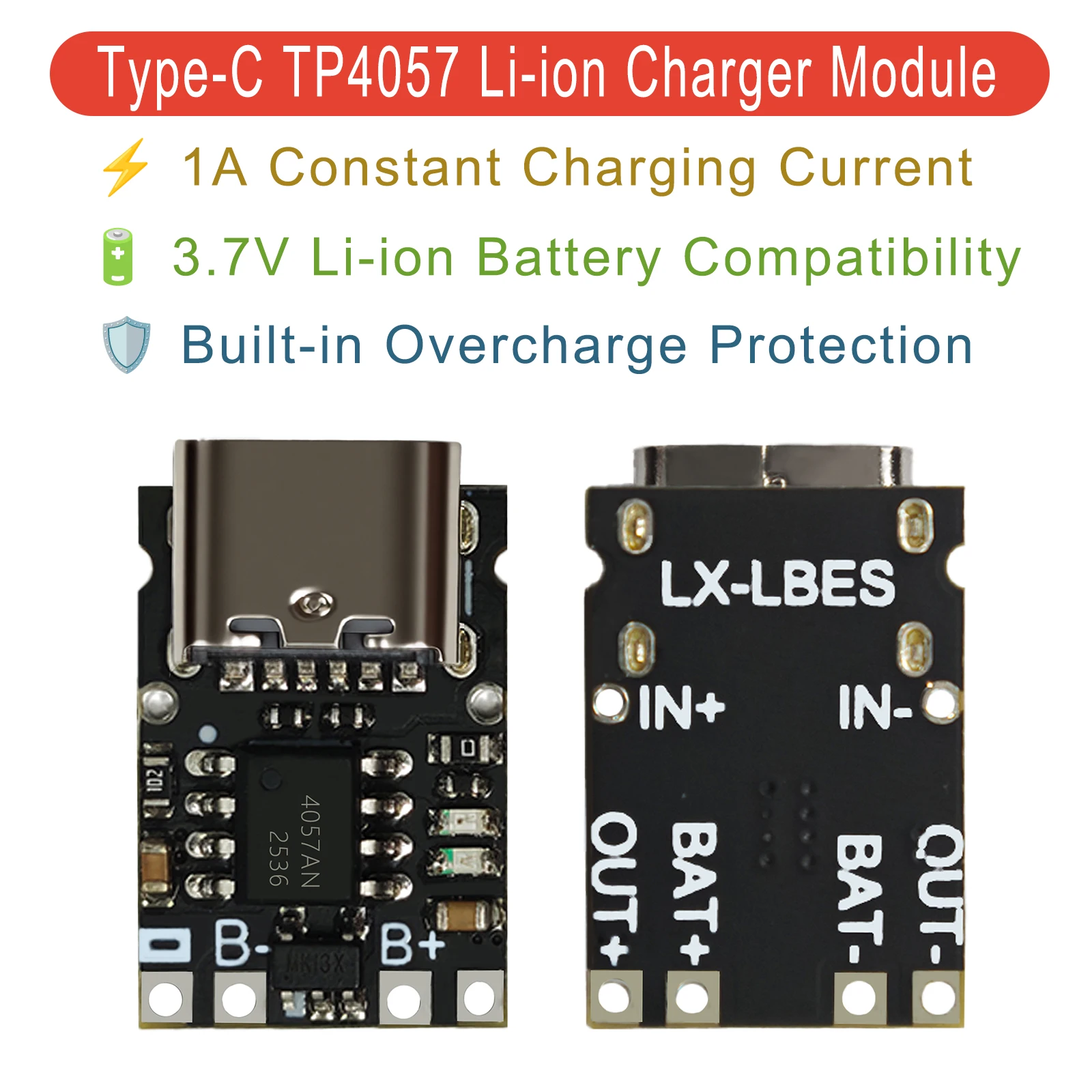 TP4057 1A 3.7V Lithium Battery Charging Board Type-C USB C Li-ion Charger Module with Protection for 18650 DIY Power Bank Stable