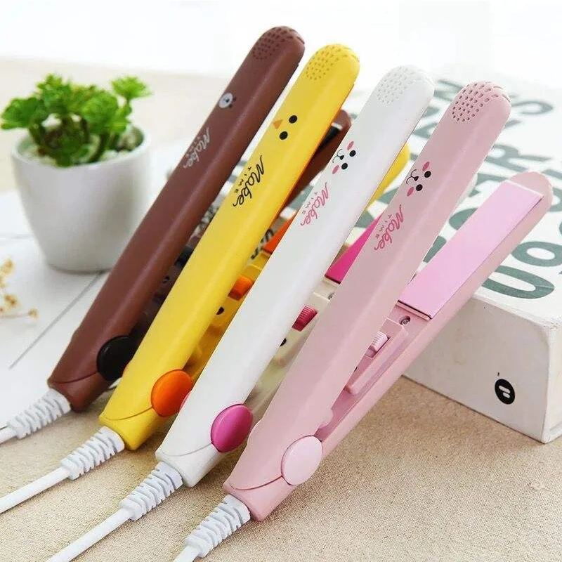 2 In 1 Portable Cute Hair Styling Flat Straightener Mini Hair Curler Ceramic Plate Ionic Electric Flat Iron Hair Straightener