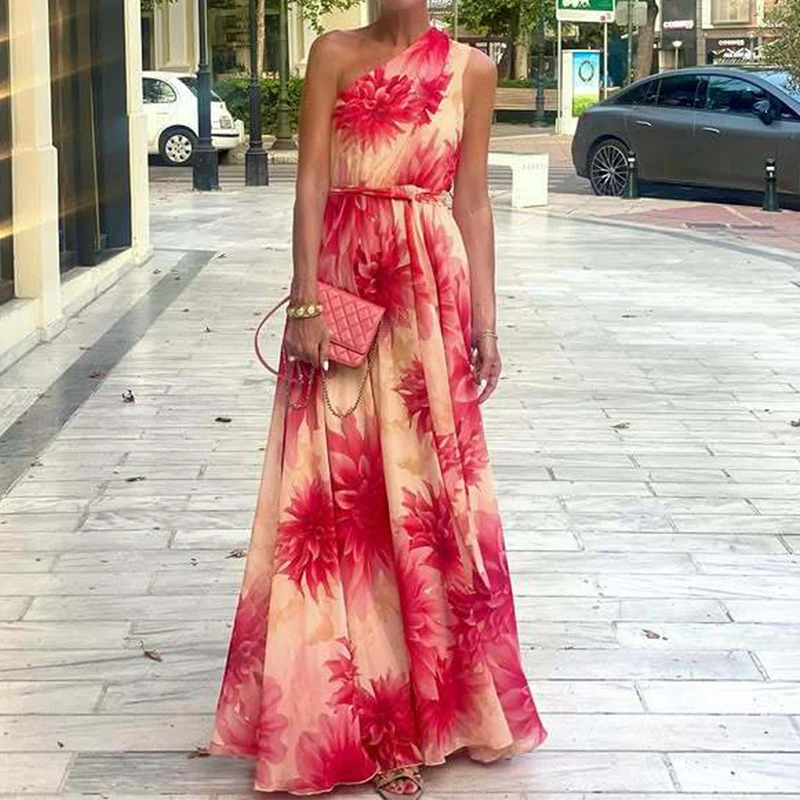 Sexy ombro inclinado grande balanço vestido longo feminino elegante padrão impressão rendas vestido de festa casual sem mangas plissado bohe vestido