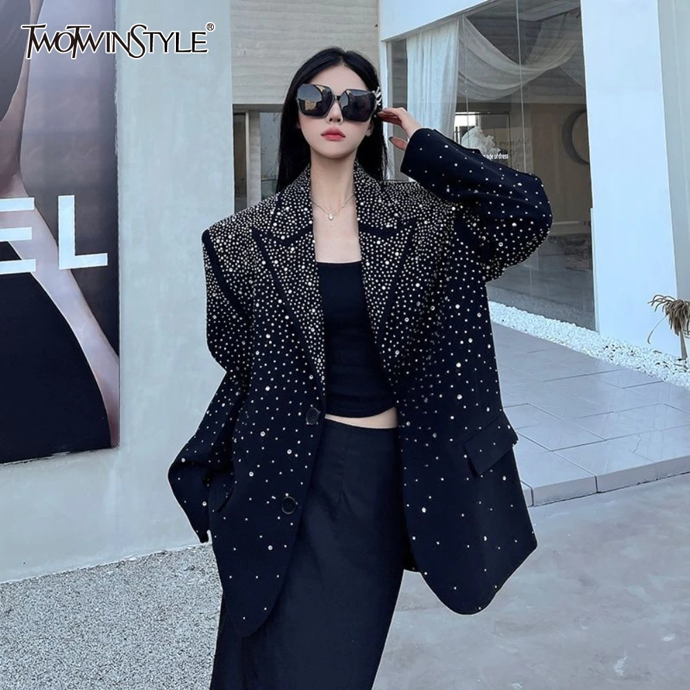 

TWOTWINSTYLE Solid Spliced Diamonds Blazers for Women Notched Collar Long Sleeve Patchwork Pockets Female Fashion Style