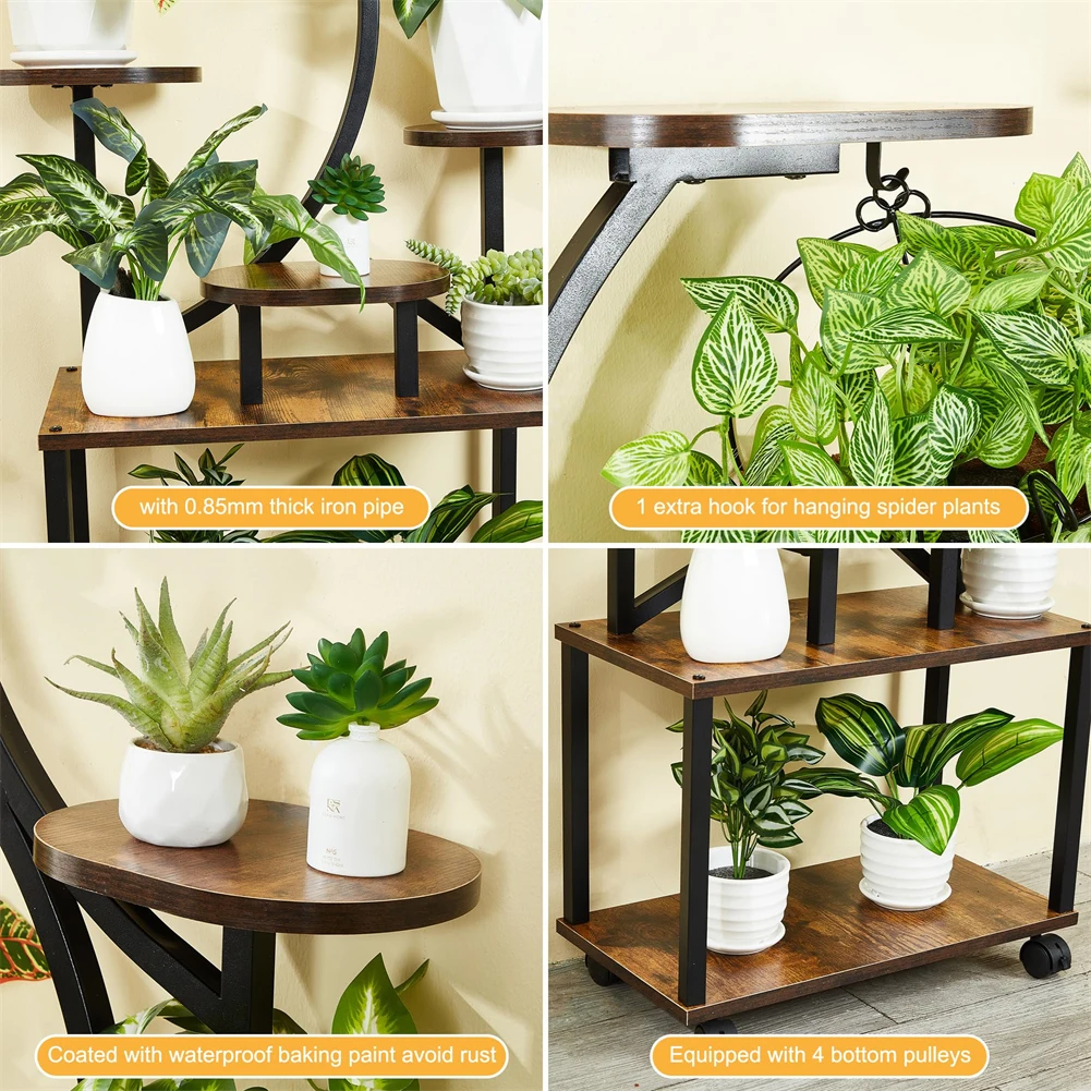 US 8 Tiered Tall Plant Stand Indoor With Grow Lights Multi-tier Planter Pot Holder Flower Stand S-Shaped Plant Rack For Balcony