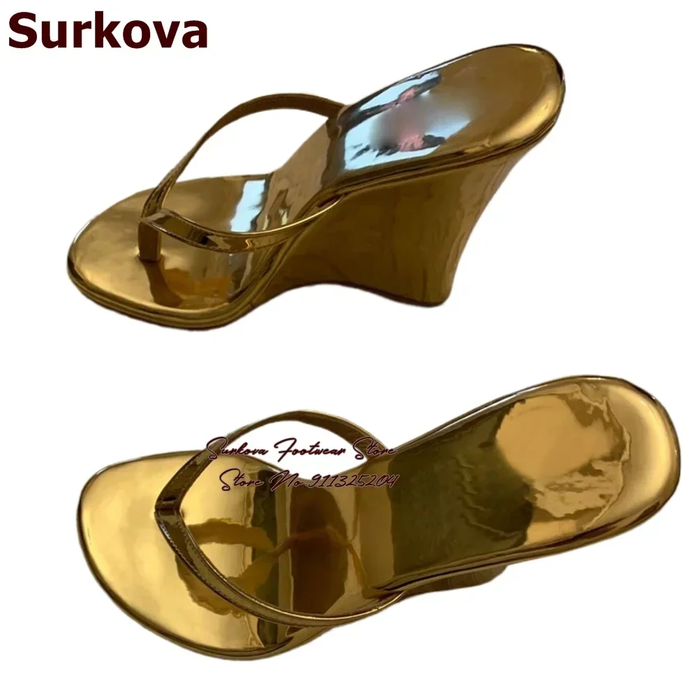Surkova Gold Shiny Mirror Leather Wedge Heel Flip Flops Sky High Heels Slip-On Sandals Women Elegant Modern Slippers Dress Mules