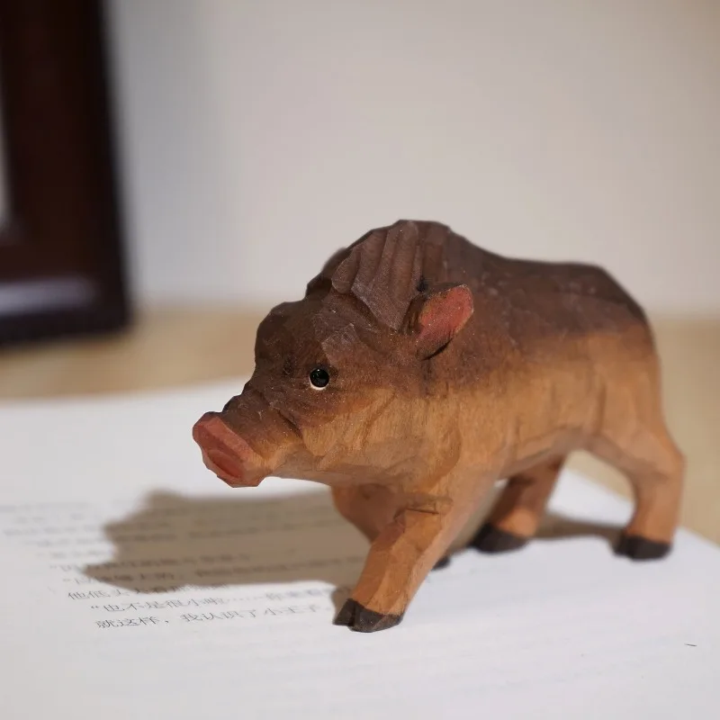 1PC Wild Boar Handcraft Wood Sculpture Realistic Animal Figurines Office Workspace Bookshelf Desk Therapeutic Decor Special Gift