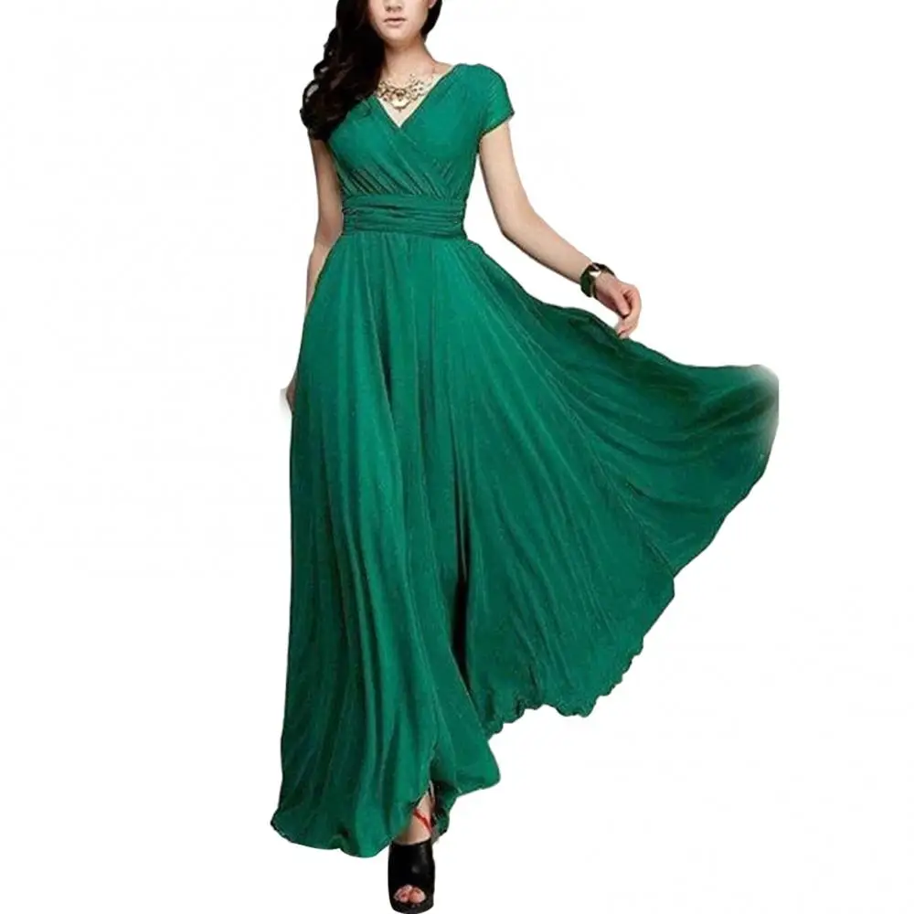 Bohemian Sresses Summer Women Solid Color Short Sleeve V Neck Tight Waist Maxi Evening /Party Dress