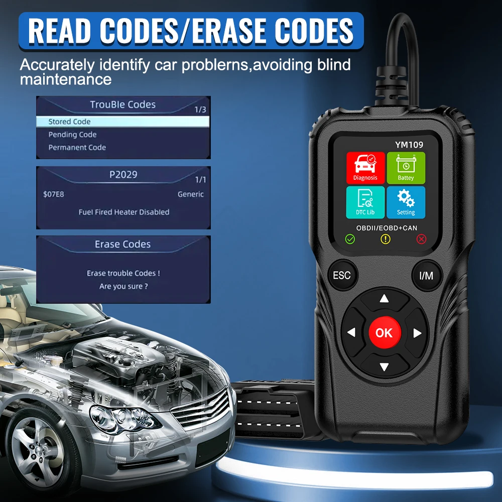 رمز الخطأ واضح ​ YM109 جهاز اختبار بطارية obd ii EOBd الماسح الضوئي أدوات تشخيص السيارات تحقق نظام المحرك سيارة obd2 رمز القارئ