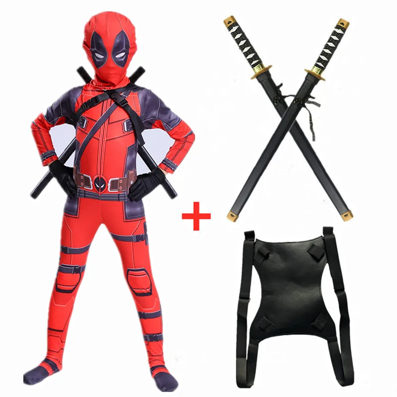 Child Deadpool Cosplay Jumpsuit Movie Hero Character Mask Bodysuit Dagger Toy Set Halloween New Year Costume with Sword Bag Gift