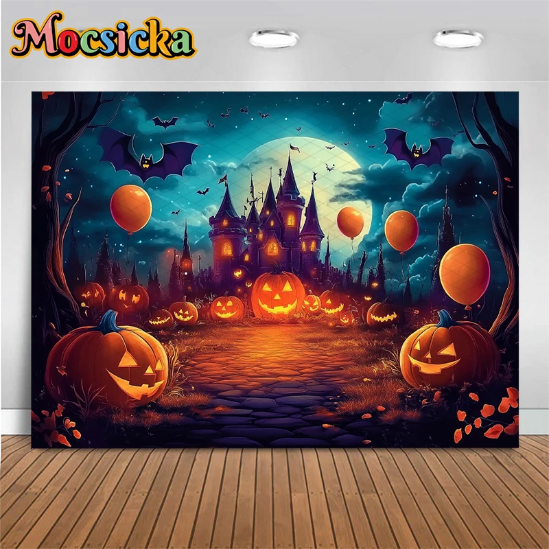 Mocsicka Halloween Photo Background Shooting Props Night Terror Castle Balloons Jack-O-Lantern Party Decors Photography Backdrop