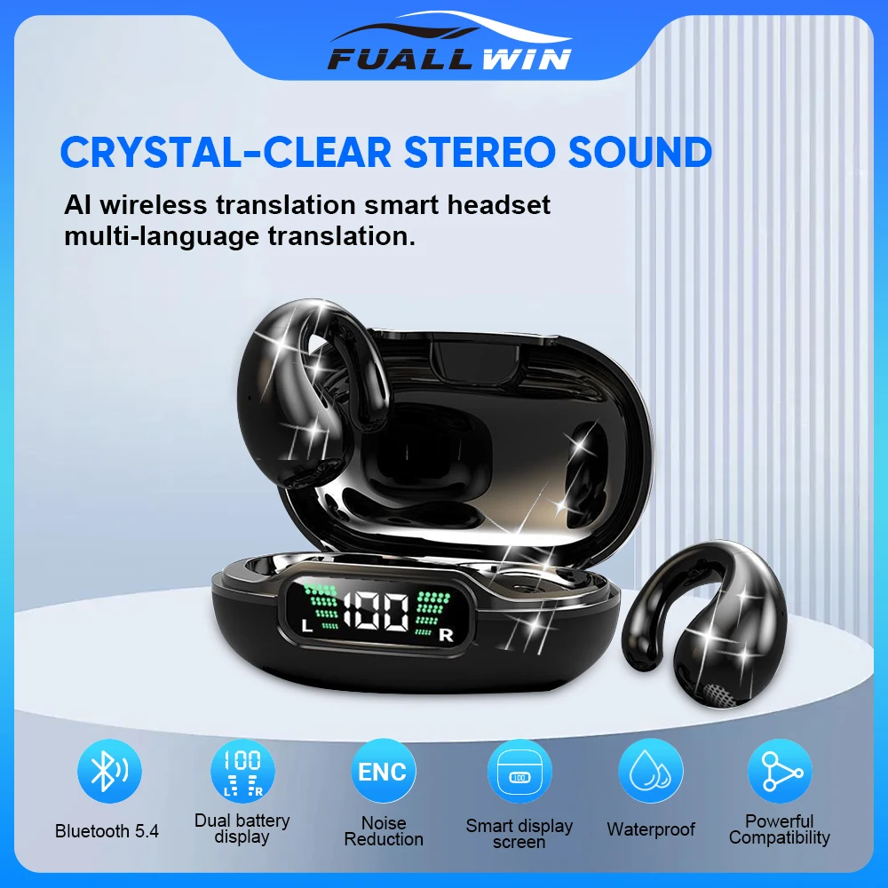 

New 2026 Clip-On Earbuds AI Translation Stereo Sound Bluetooth 5.4 ENC Noise Reduction Waterproof LED Power Display for exercise