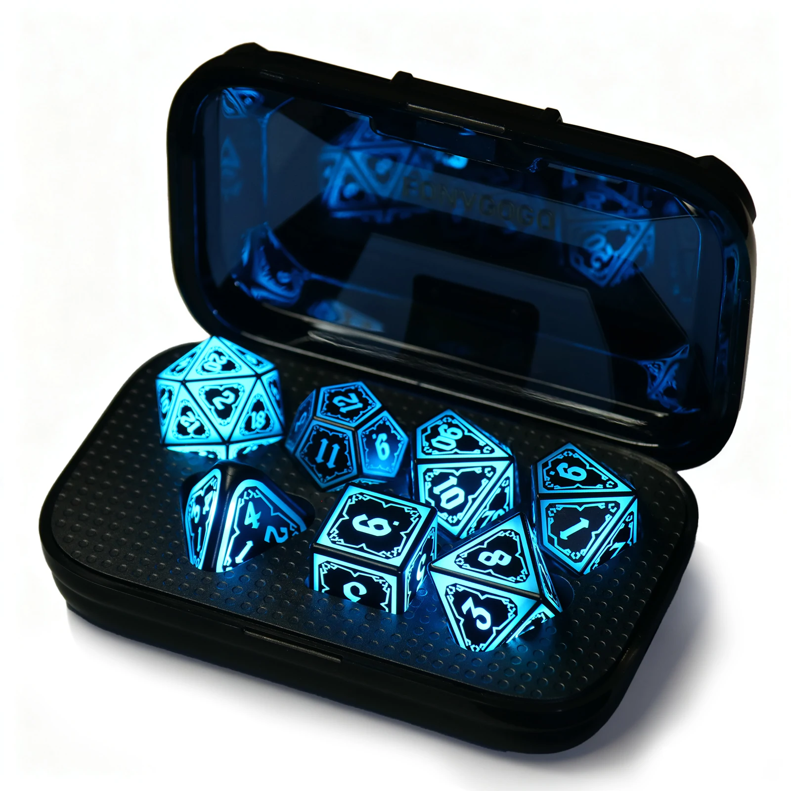 Light up DND Dice Set Rechargeable,Blue 7pcs LED Dice with Charging Box Polyhedral RPG Dice Set for Role Playing Table Game