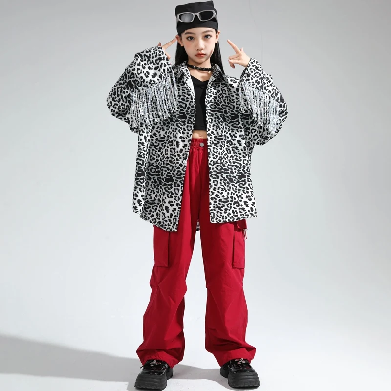 Kinder Hip Hop Tanz kostüme für Mädchen Leoparden muster Jacke rote Cargo hose Street Wear Kinder Jazz Stage Rave Kleidung dqs17453