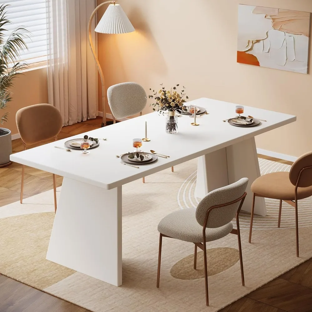 Modern Rectangular Dining Table by Tribesigns, 63 White Kitchen Table with Glossy Top and Strong Double Pedestal Base