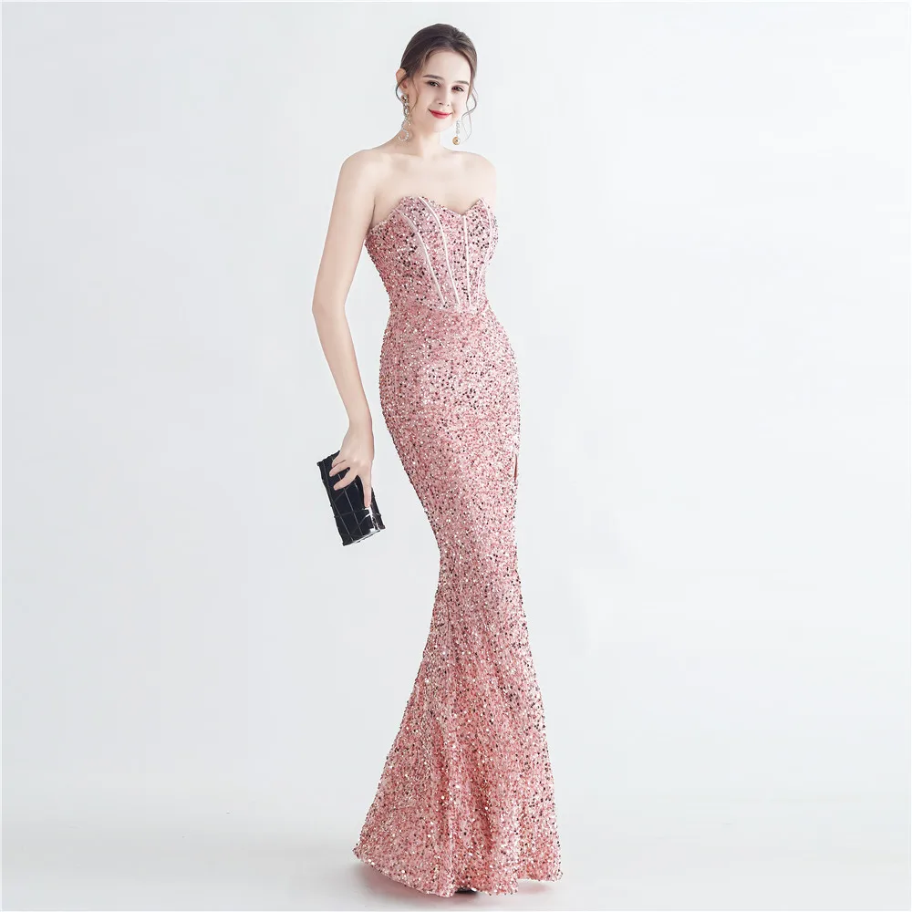 V-Neck Sleeveless Symphony Sequin Back Strap Corset Side Slit Strapless Herringbone Evening Dress