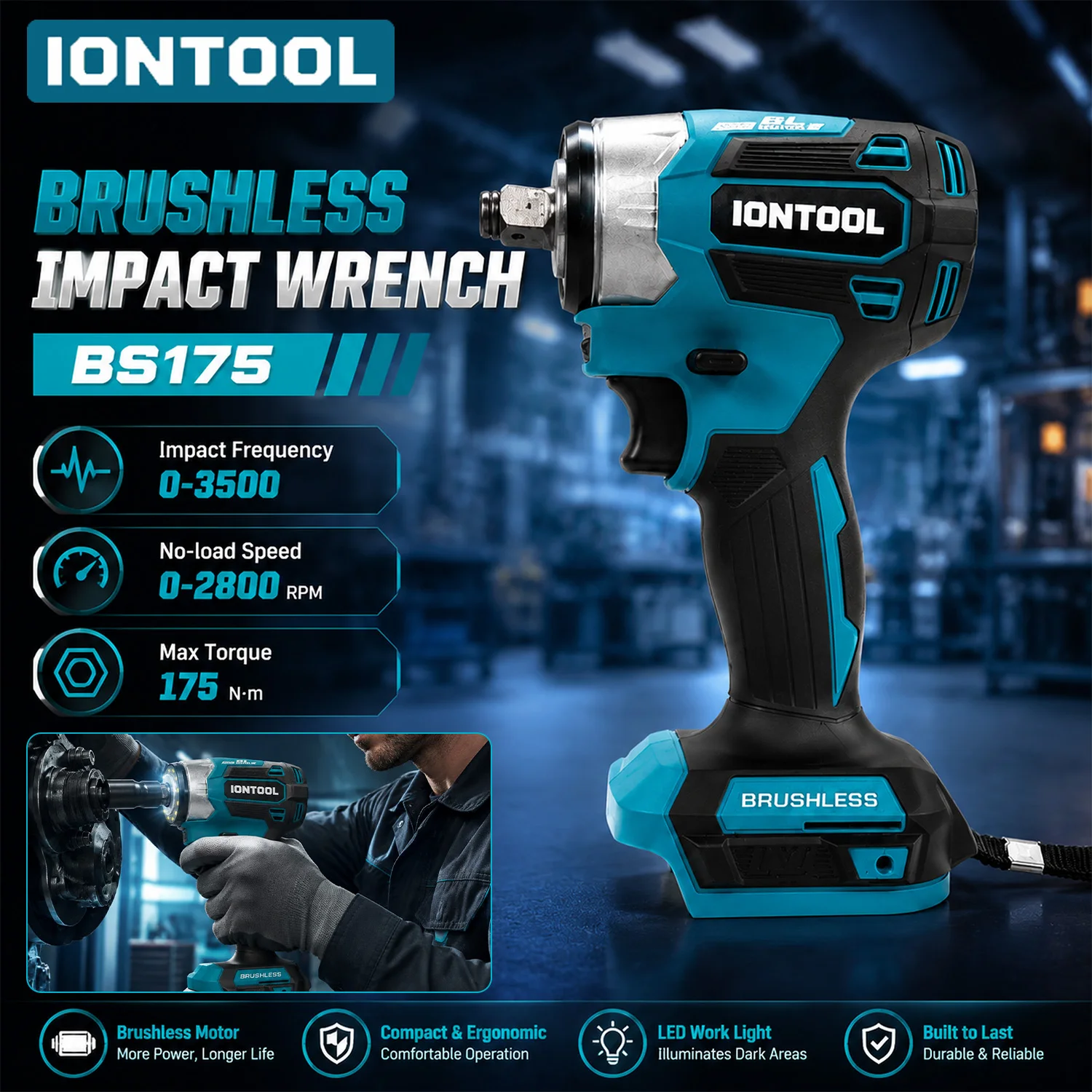 IONTOOL 175N.m Cordless Impact Wrench 3500IPM Bare Unit for Light Duty Auto Maintenance and Bolt Fastening Tasks