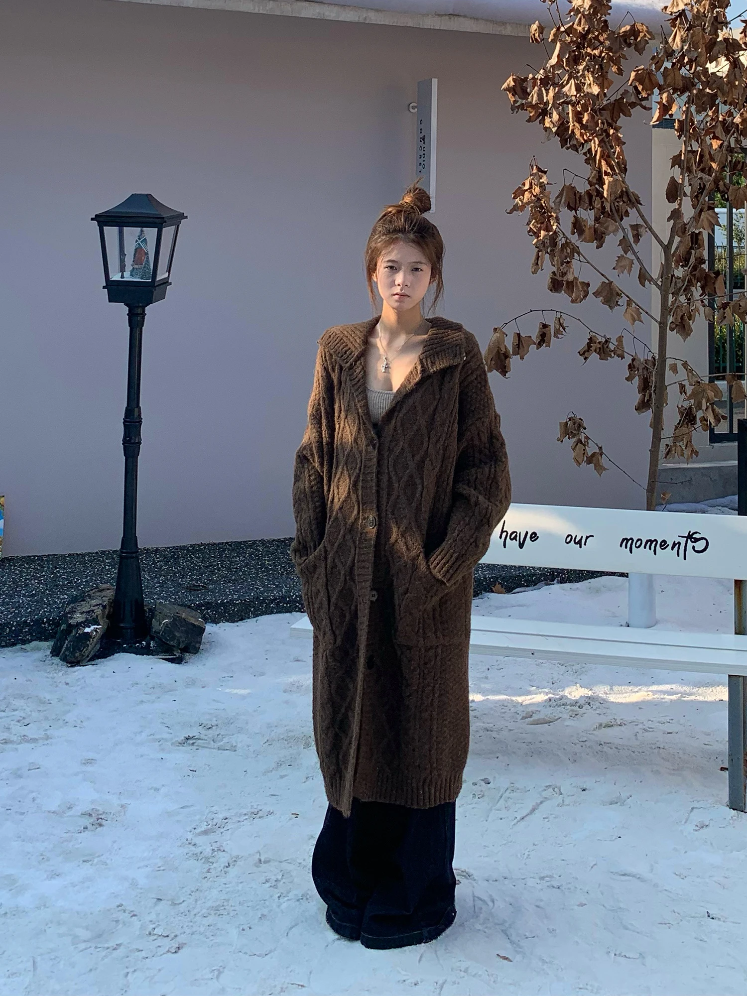 

E7Q8 Korean Sle Long Knitted Sweater Coat Women's Casual Loose Lazy Simple Knitted Coat V-ne Single Button Autumn Winter ...