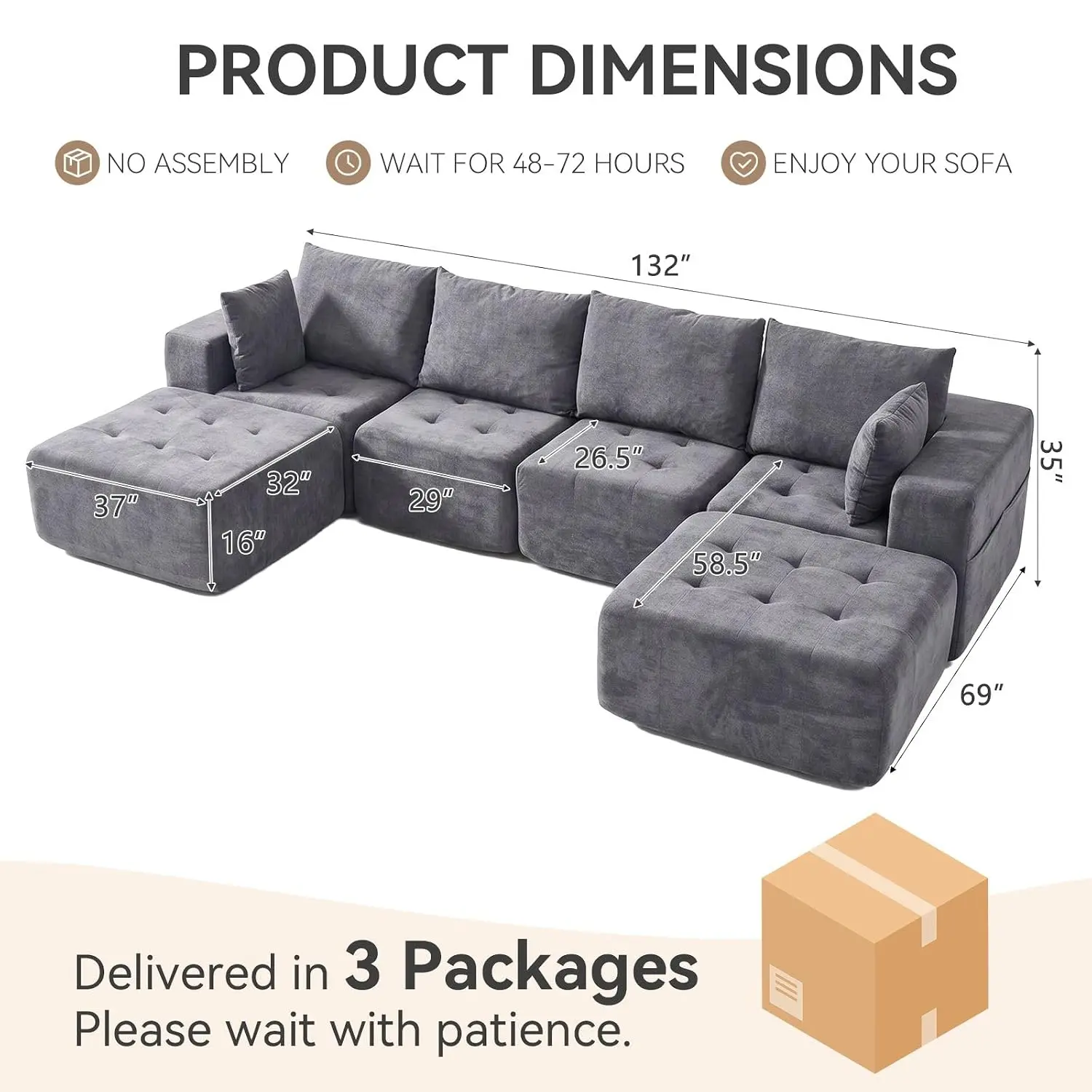 Chenille Tufted Modular Sectional Sofa For Living Room, No Assembly Required, Customized