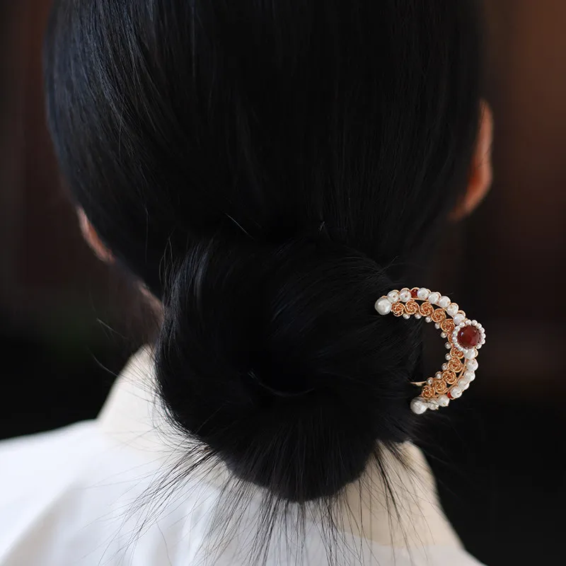 Traditional Chinese Lucky Blessing U Shaped Hairpin Faux Pearl Red Bead Gold Tone Metal Hair Stick For Hanfu Cheongsam Xiuhe Wed