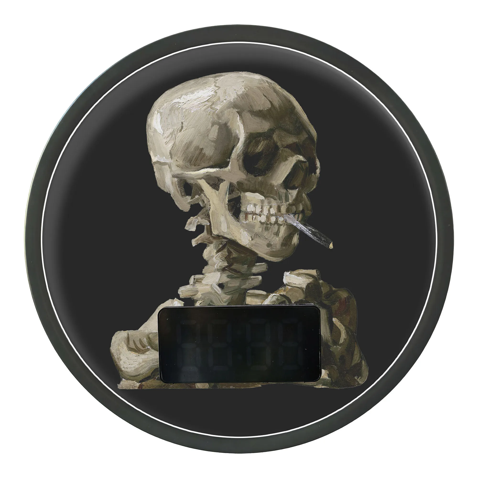 Skeleton Smoking Oil Painting Print Wall Clock with LED Night Light Digital Timer Calendar Date Temperature Display for Man Cave