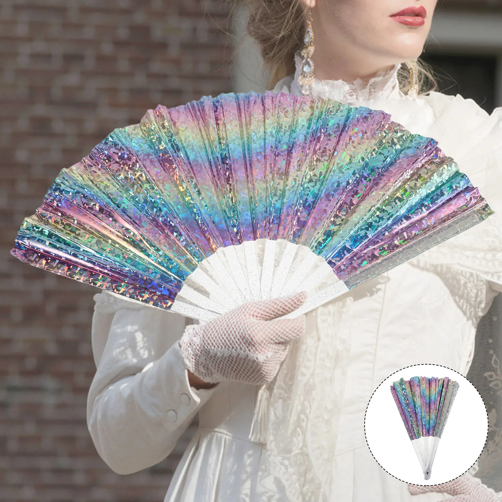 

Rave Folding Hand Fan Holographic Pvc Kungfu Dance Prop For Concerts Festivals Nightclubs Christmas Halloween Party