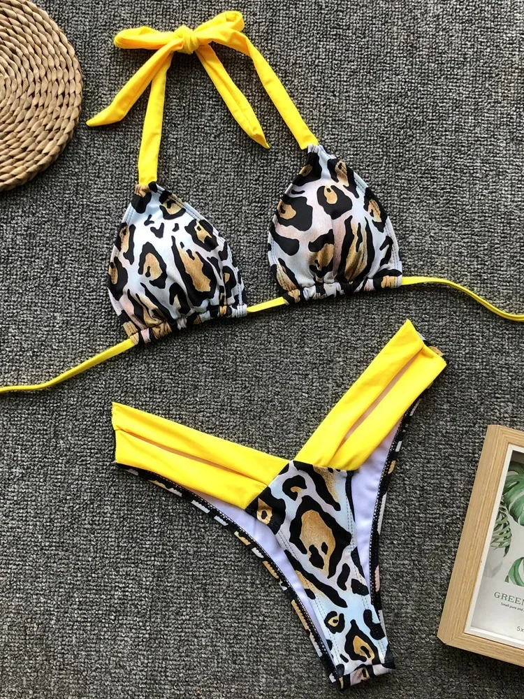 Sexy Splicing Zebra Halter Brazilian Bikini Women Swimsuit Female Thong Swimwear Two Piece Bikini Set High Cut Bathing Suit Swim