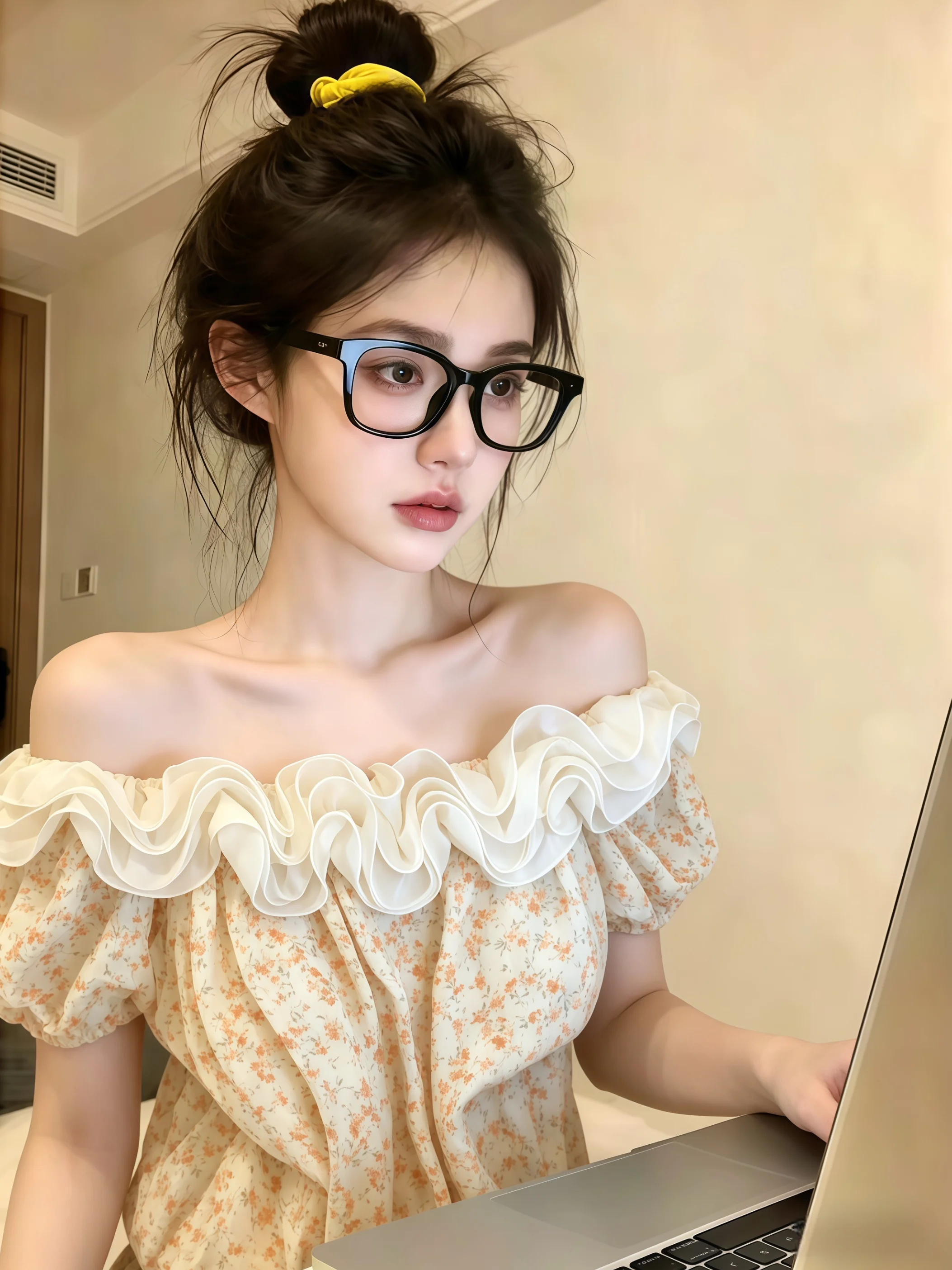

Sweet Style Floral Lace Trim Shoulder Bloon Shape Short Sleeve Women's Chiffon Shirt Summer New Arrival Self Kept Style Top