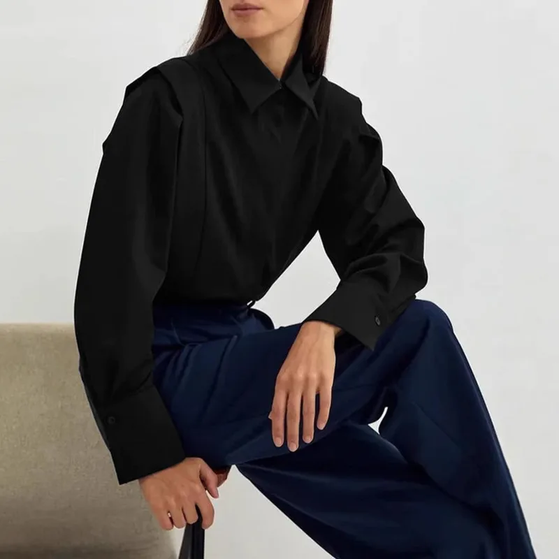 HKSH Women Shirt Chic Design French Style Slim Fit Square Shoulders Long Sleeve Patchwork Solid Color Elegant Casual Top HK23634