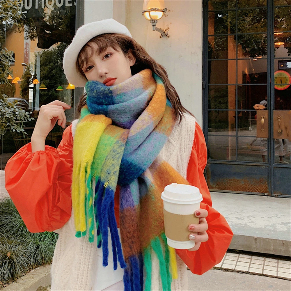 

2024 New Luxury Women Plaid Scarf Winter Cashmere Pashmina Thick Wraps Shawls Lady Tassel Warm Scarves Blanket Rainbow Bufanda