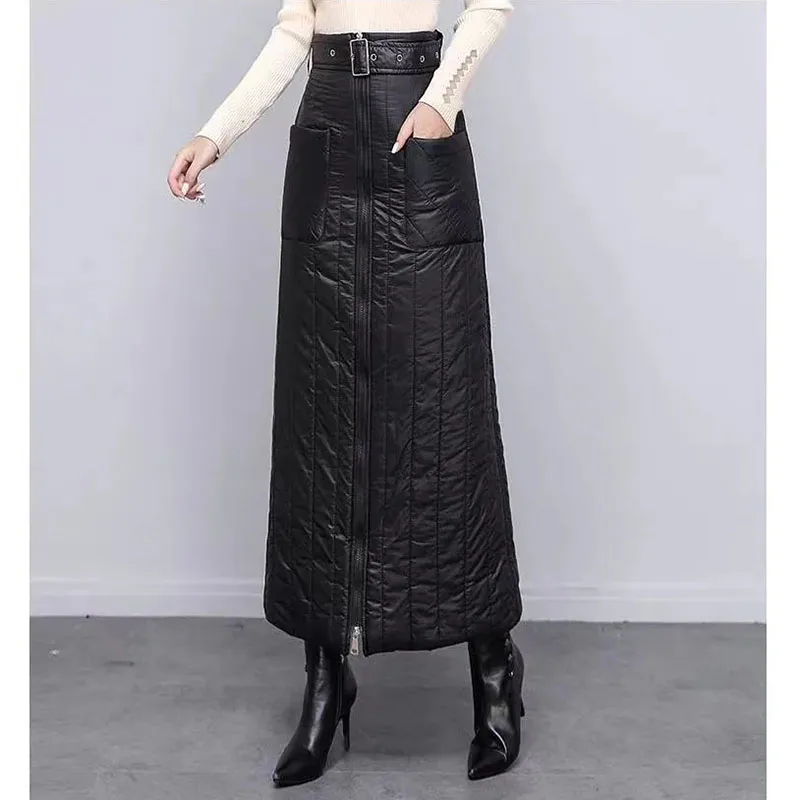 Autumn Winter Thick Warm Down Cotton Padded Skirts Women High Waist Windproof Belt Warm Puffer Skirts Large Size Long Skirts 5XL