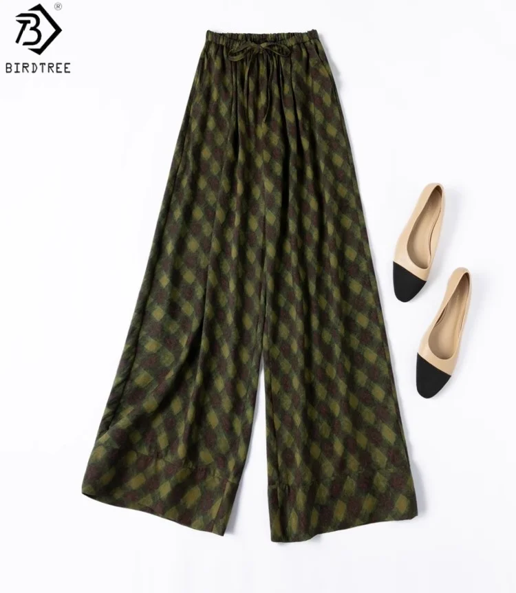 

Birdtre Summer 30MM 100% Mulberry Silk Poket Pants,Women Jacquard Grid Printing Elastic Waist Wide Leg Pants,2025 New P56638JF