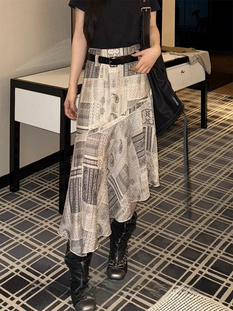 

Юбка миди А-силуэта в богемном стиле с асимметричным драпированным принтом, женская летняя, дышащая, приятная к телу, с высокой талией
