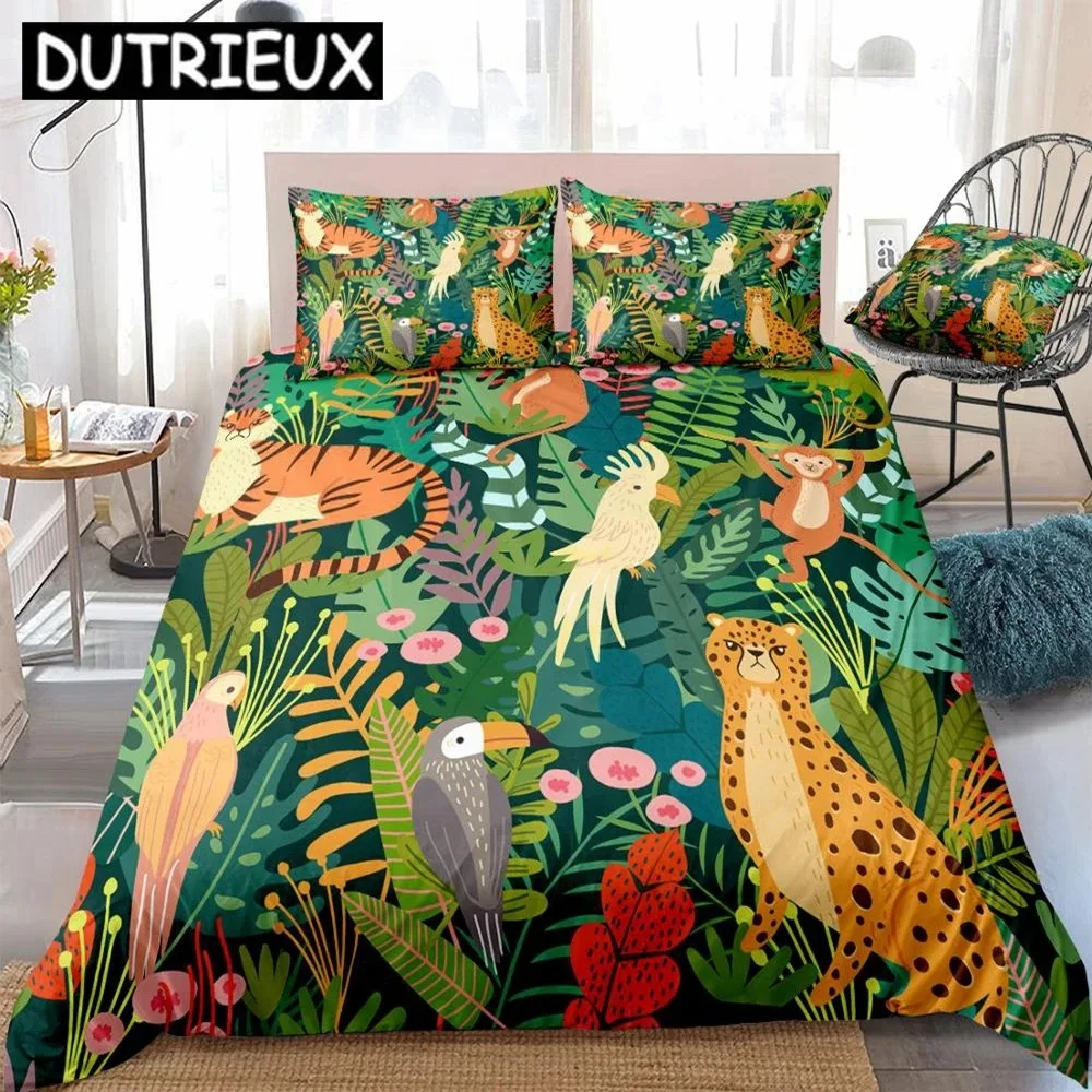 Wild Animals Bedding Tropical Plants Duvet Cover Set Parrot Monkey Pattern Palm Leaves Quilt Cover Queen Bed Set Kids Dropship