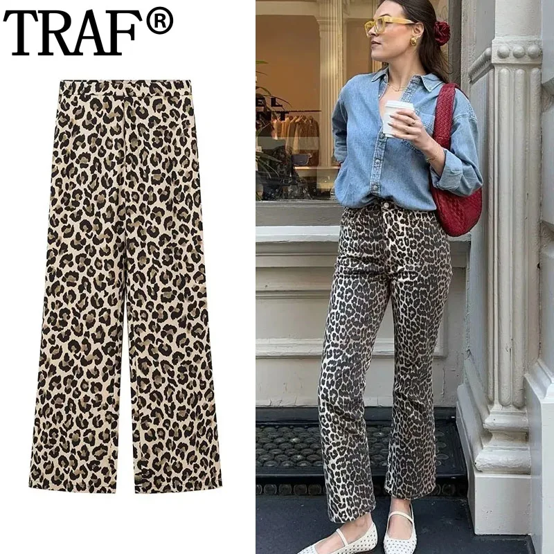 

TRAF 2024 Women's Pants Summer Leopard Print Pants For Women Mid Rise Casual Baggy Pants Woman Fashion Y2K Full Length Trousers