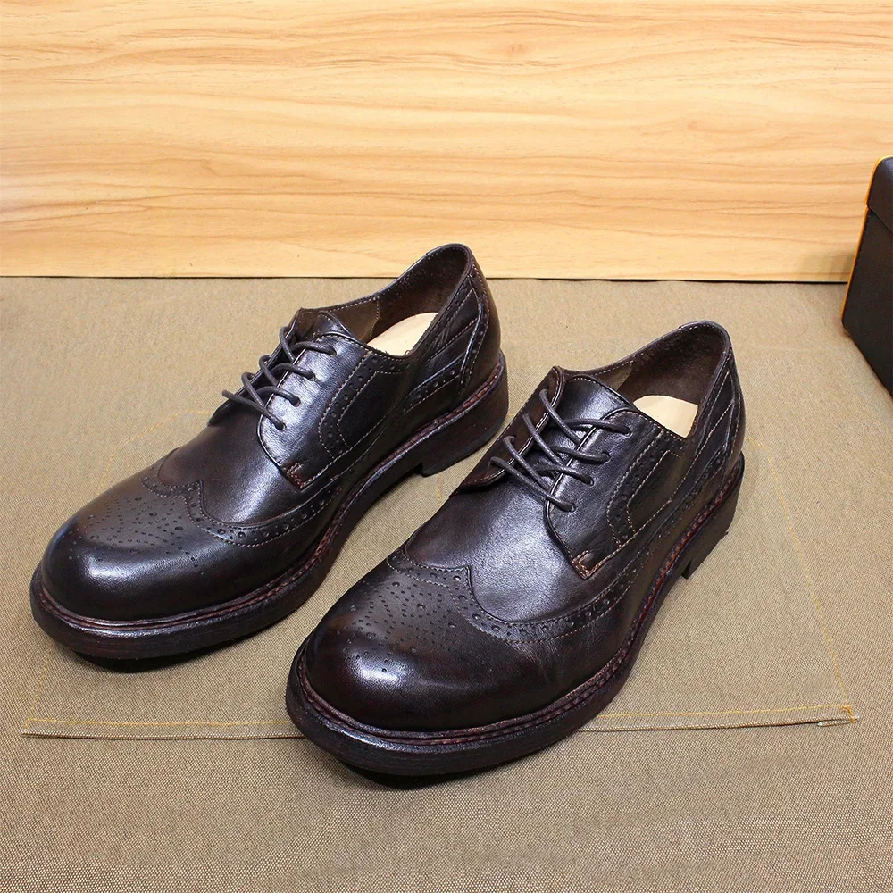 Goodyear Handmade Stitched Men\'s Derby Dress Shoes Soft Calfskin Genuine Leather Wingtip Brogue Comfortable Casual Footwear