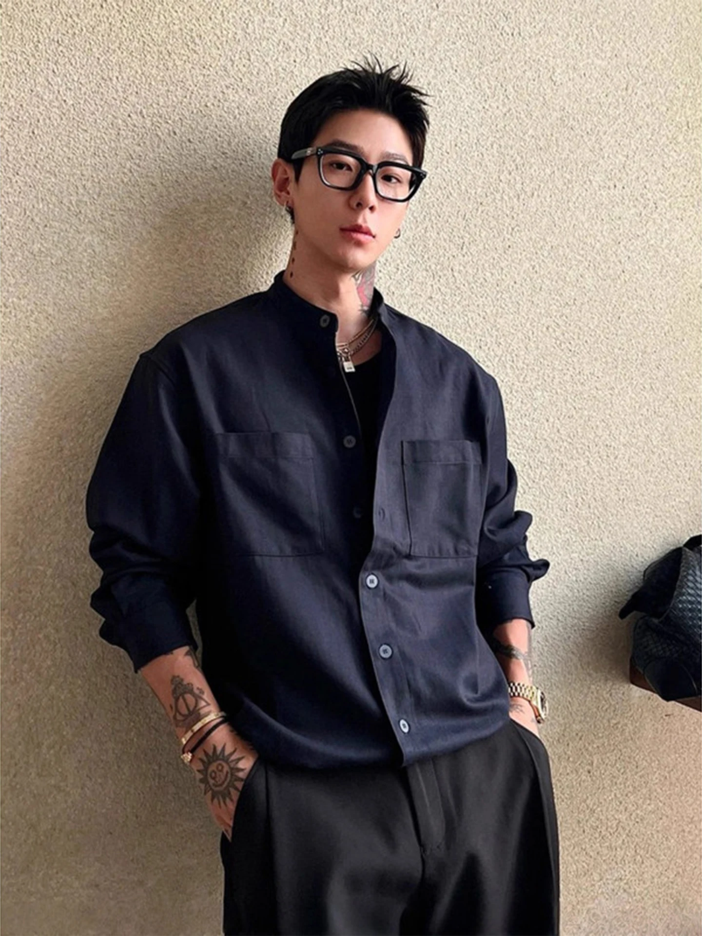 

Loose Fit Long Sleeve Men's Shirt Dark Blue Workwear Silk Blend Autumn Outerwear Cleanfit High Intelligence Sensation