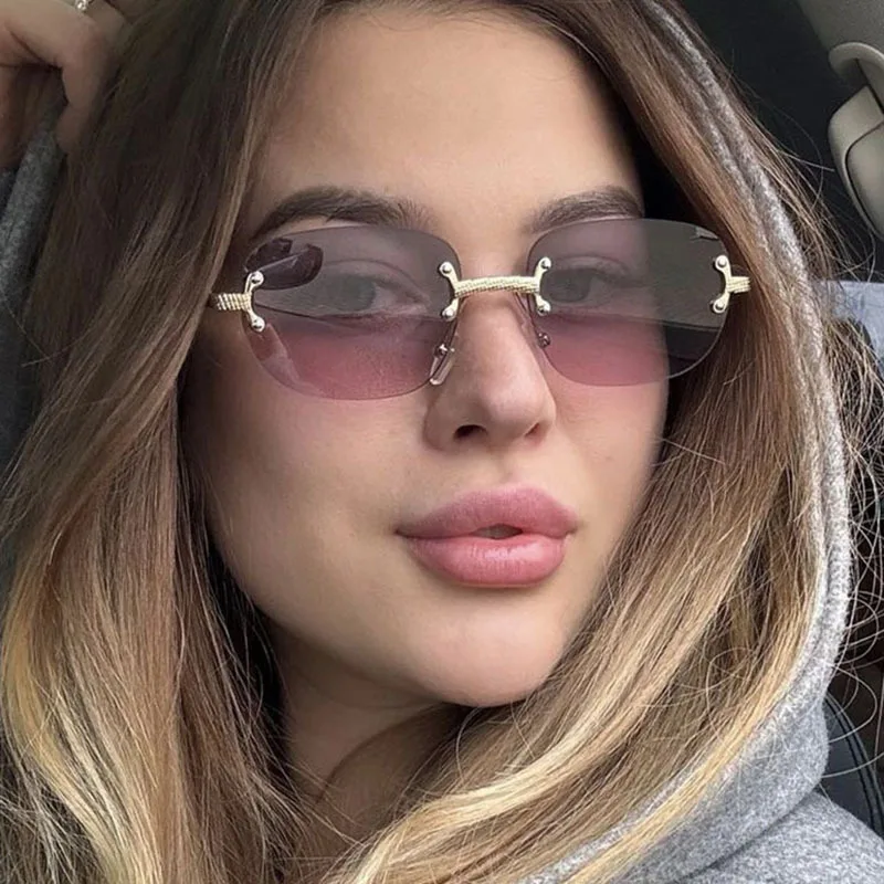 

Retro Frameless Sunglasses Men's And Women's Rectangular Metal Frame Small Frame Sunglasses Brown Eye Protection Glasses UV400