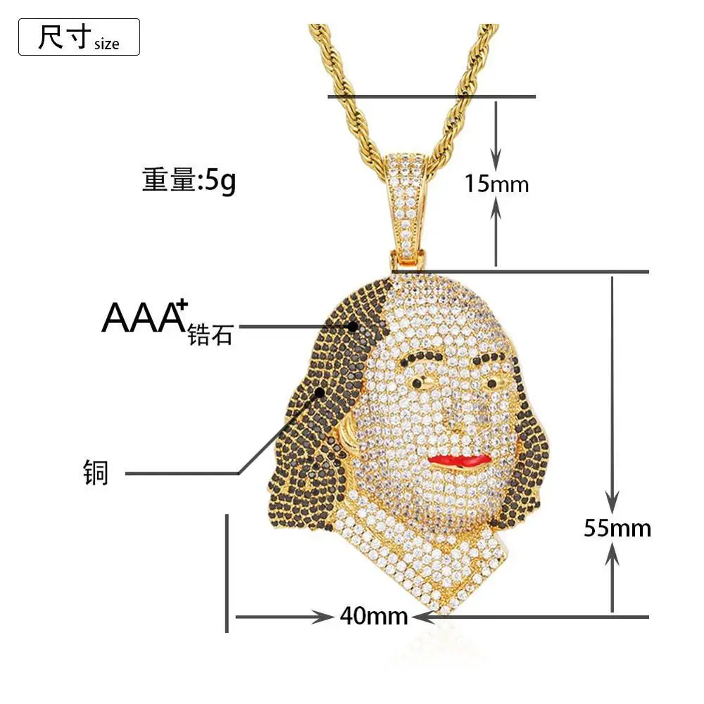 Hip Hop Claw Setting AAA+ CZ Stone Bling Iced Out Benjamin Franklin Avatar Pendants Necklaces for Men Rapper Jewelry