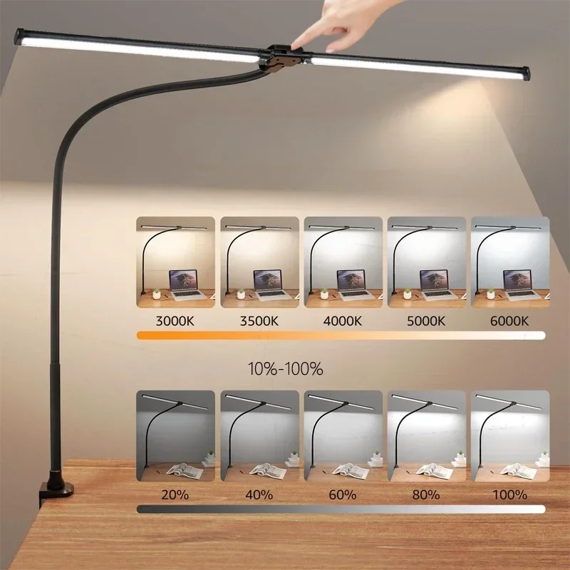 Dimmable LED Desk Lamp with Dual Head Clip, Eye Caring Work Light for Nail Art Reading Study, Adjustable Table Lamp for office