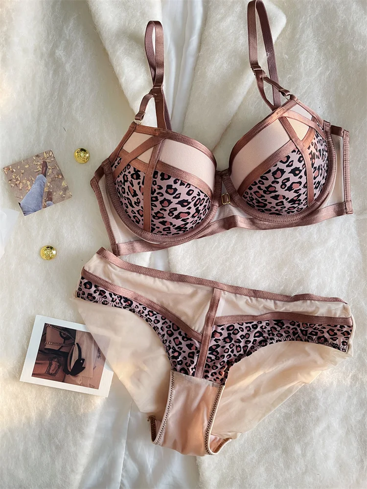 Sexy push up lingerie show large underwear female not empty cup leopard print on the thin under the thick bra set